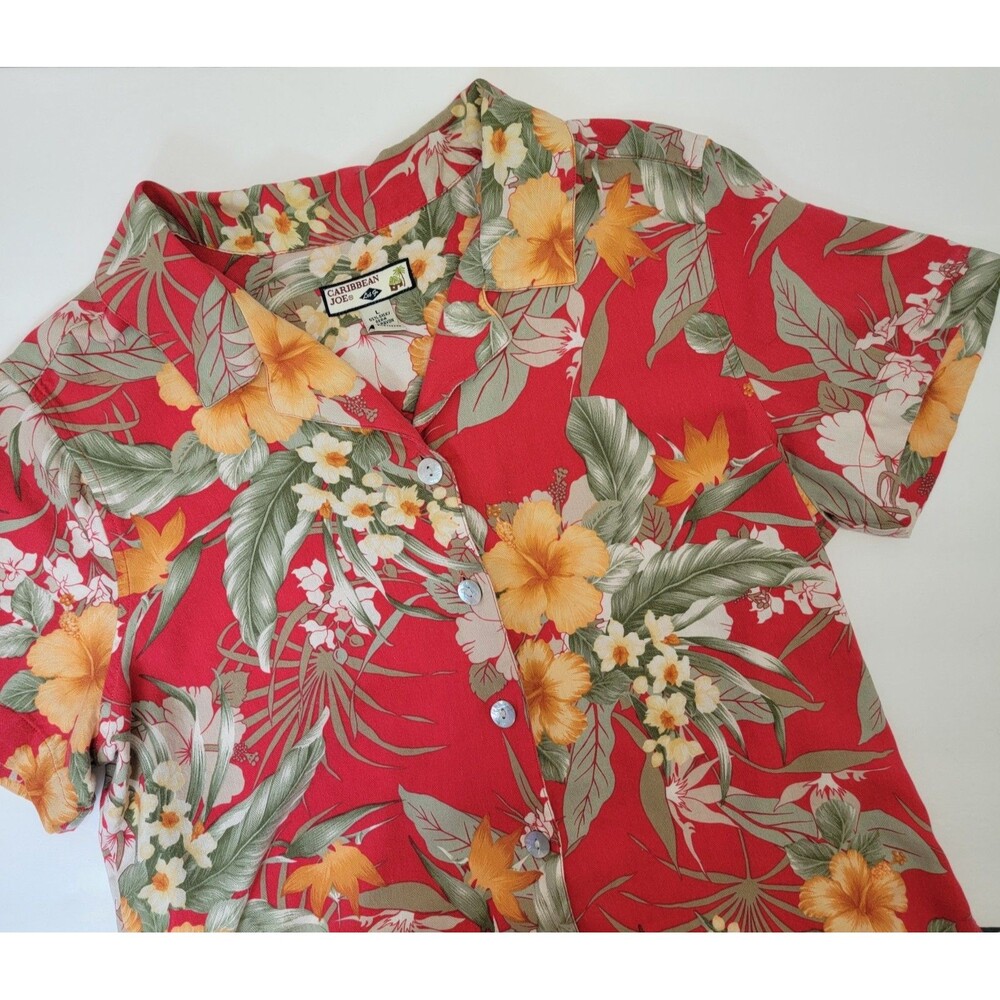 Caribbean Joe Womens Silk/Rayon Multicolor Tropical Short Sleeve Button Shirt L
